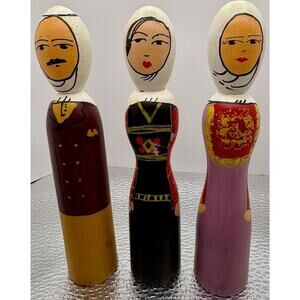 Vintage Wood Peg Dolls Handmade & Painted Traditional Middle Eastern Set of 3